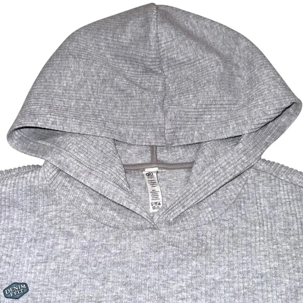 Alo Yoga Muse Hoodie Gray Cropped Ribbed Athleisure Pullover Sweatshirt Gym - Picture 11 of 15